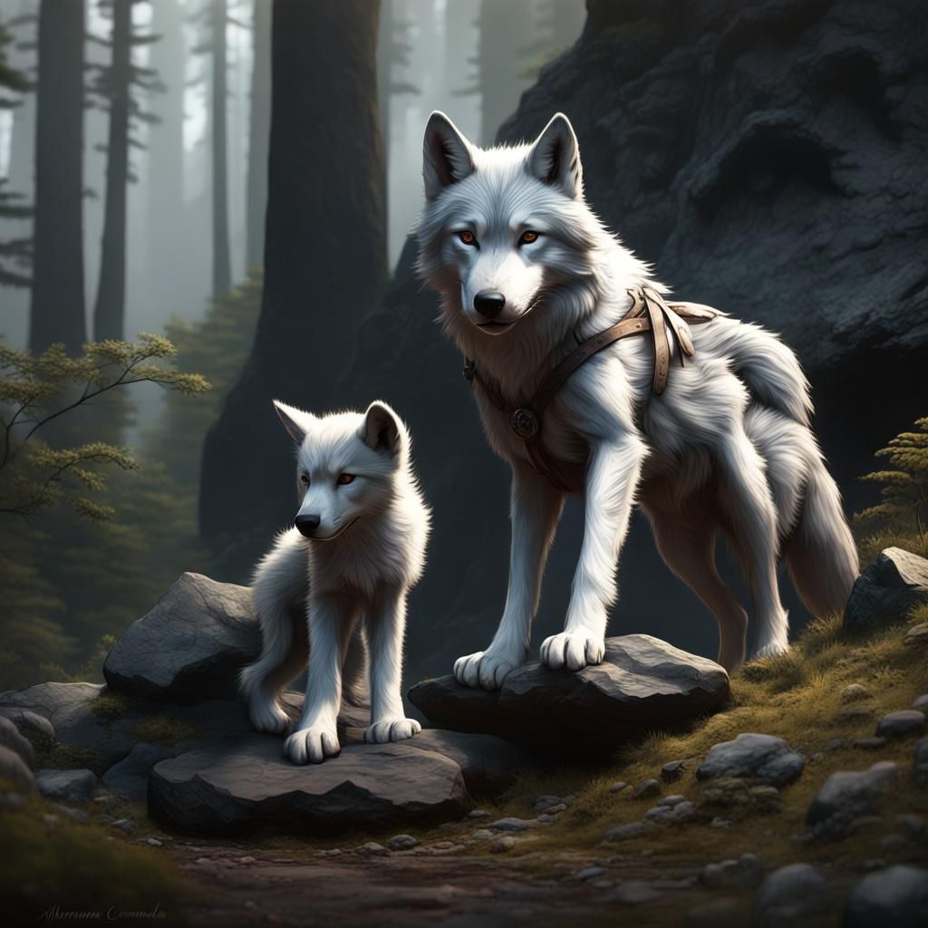 beautiful grey/white wolf cub with its back to a rock in a forest