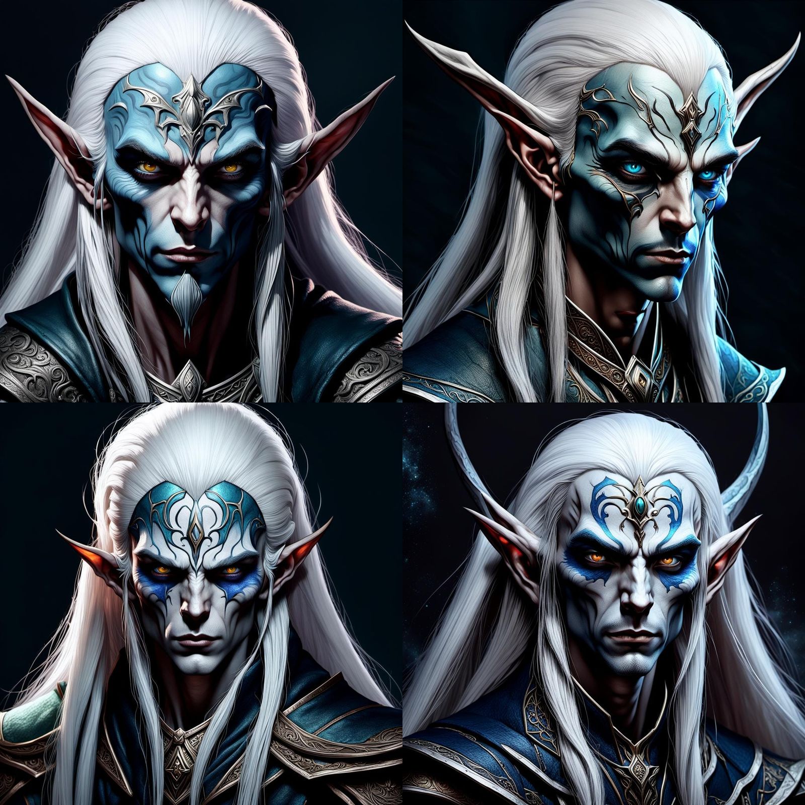 A man elf with pale sking, long white hair, blue color eyes ...