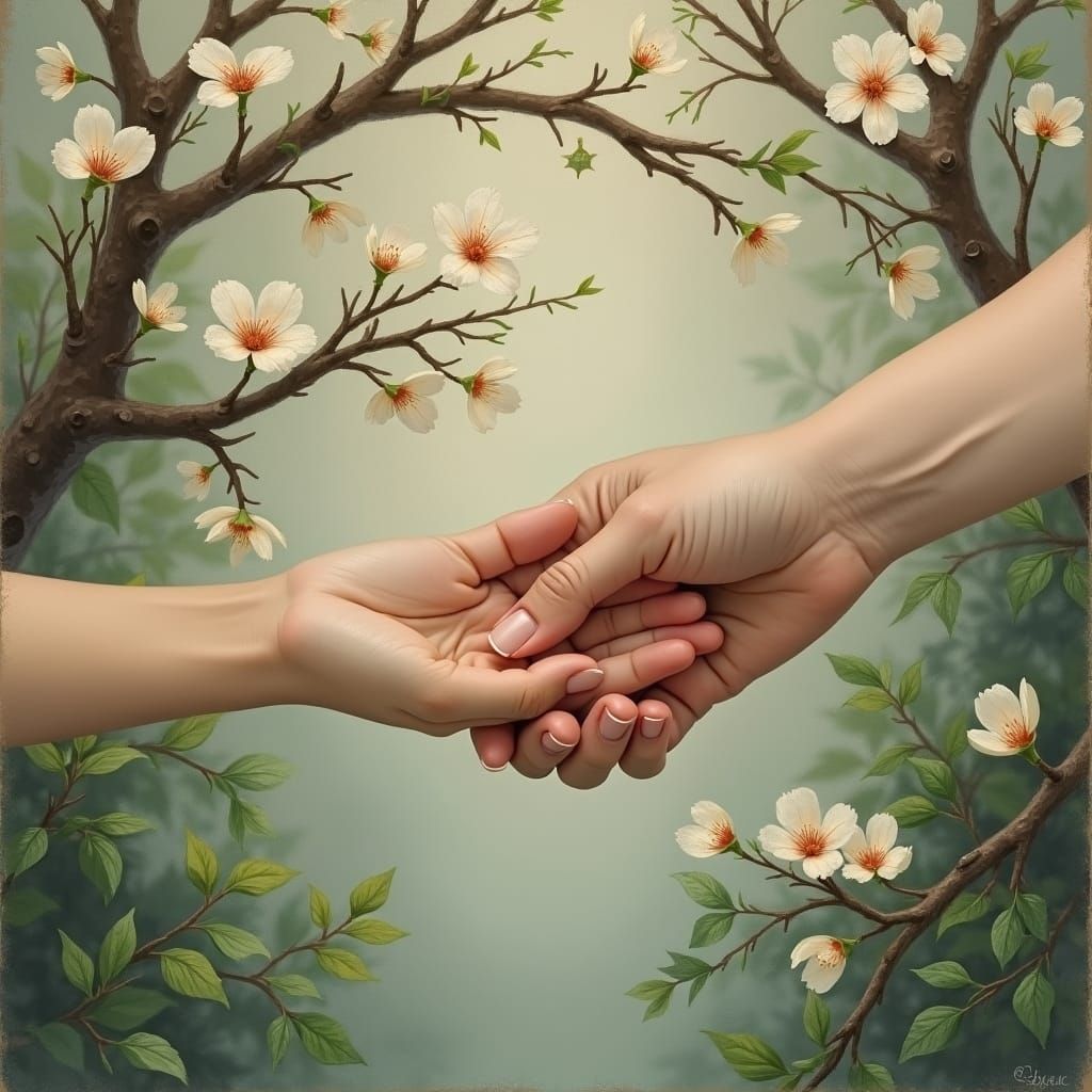 Hands Touching Among Cherry Blossoms: Impressionist Painting