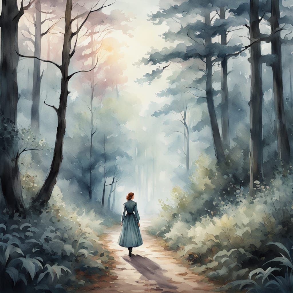 Victorian Woman on Misty Forest Path in Watercolor Style