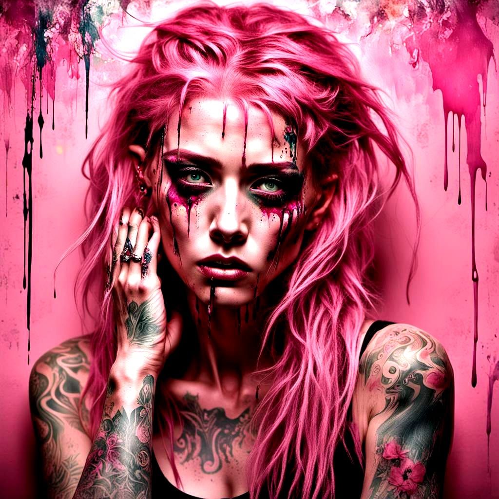 Surreal Dark Fantasy Portrait of a Tattooed Woman in Terror