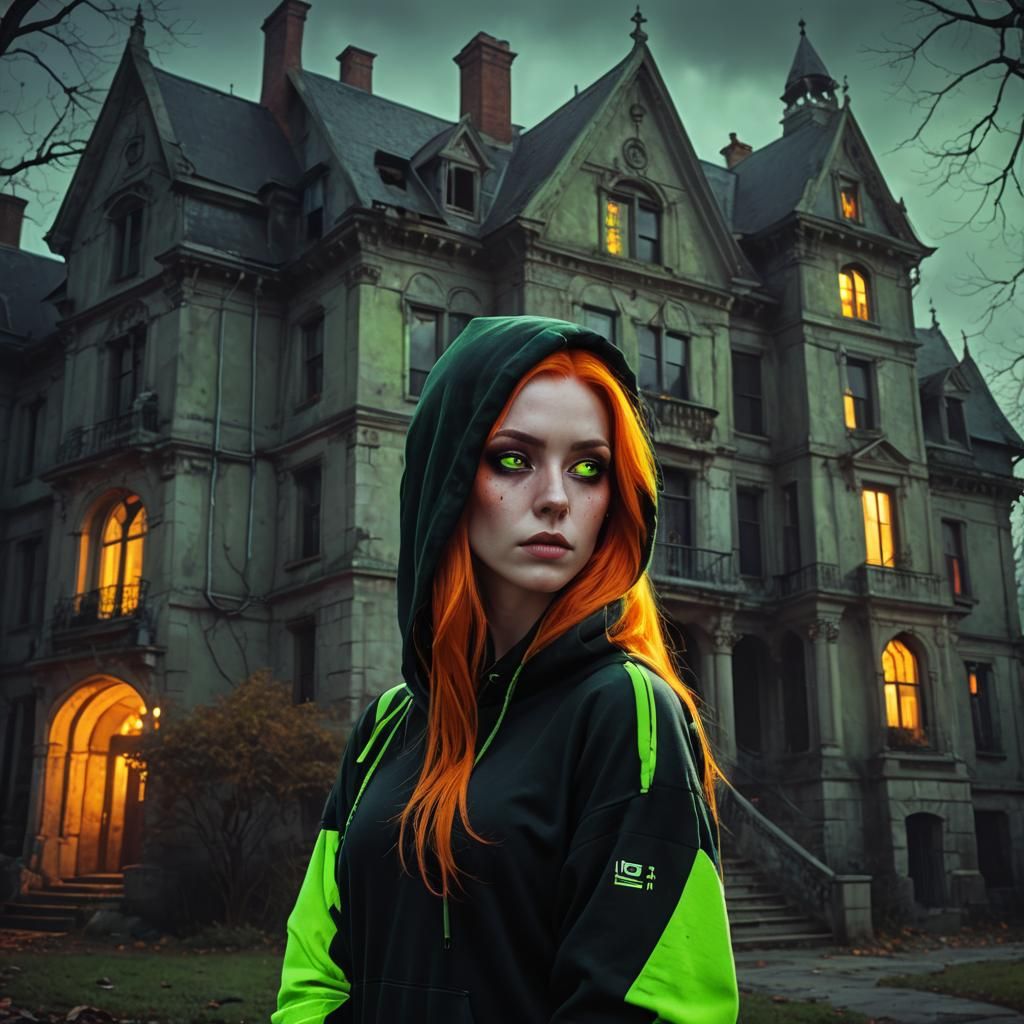 Gothic Fantasy: Woman Before Eerie Mansion