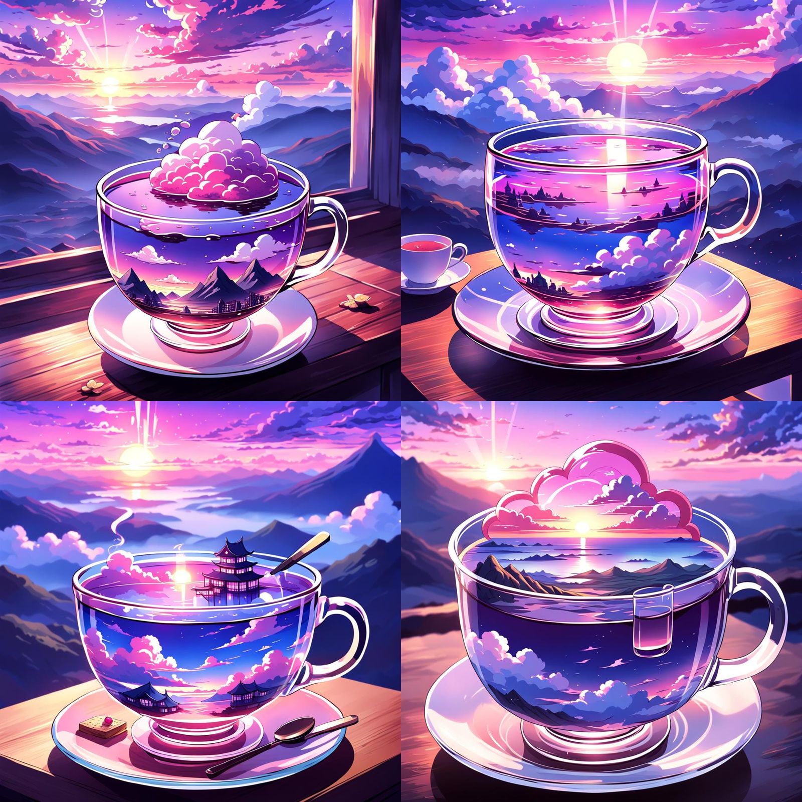 Sunrise Teacup: Anime-Style Cloudscape Reflection