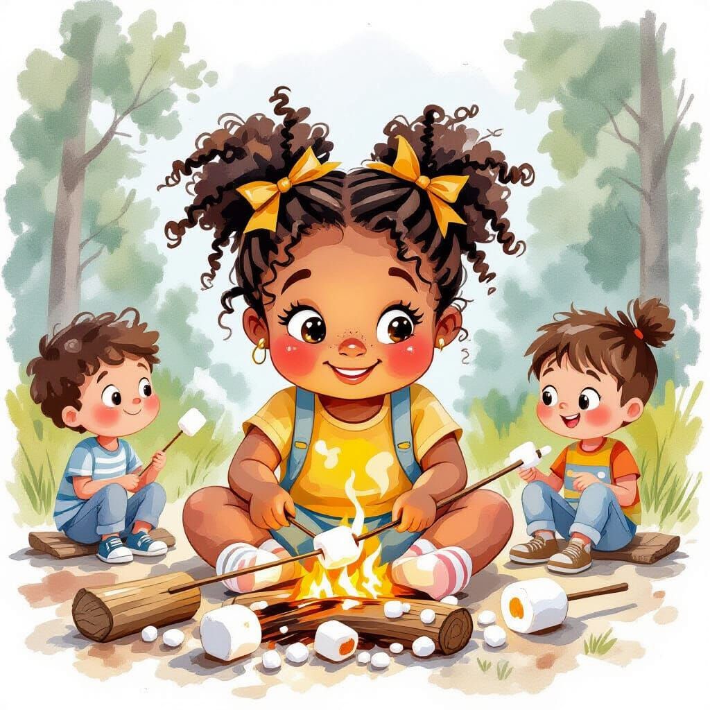 Camping Girl Roasting Marshmallows: Watercolor Painting