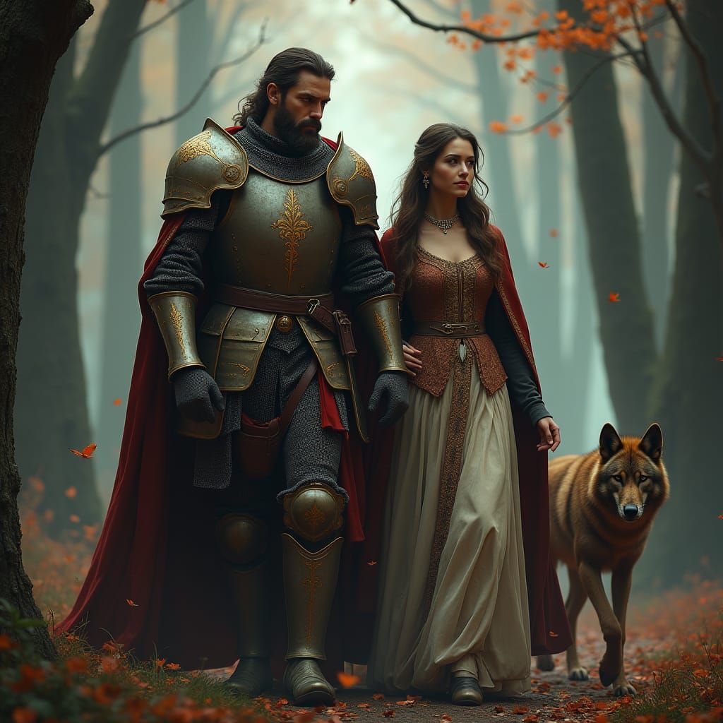 Medieval Knight and Wife in Mystical Forest