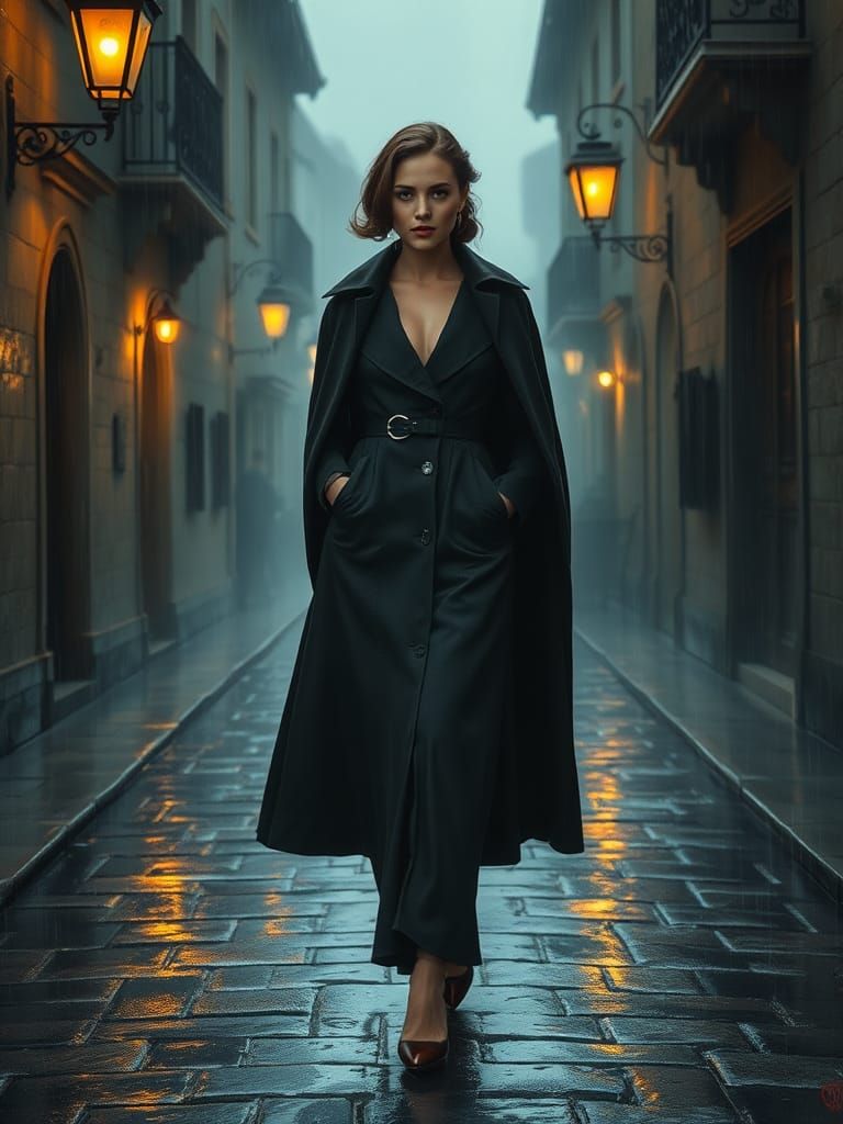 Woman in Cape on Rainy Street: Oil Painting Style
