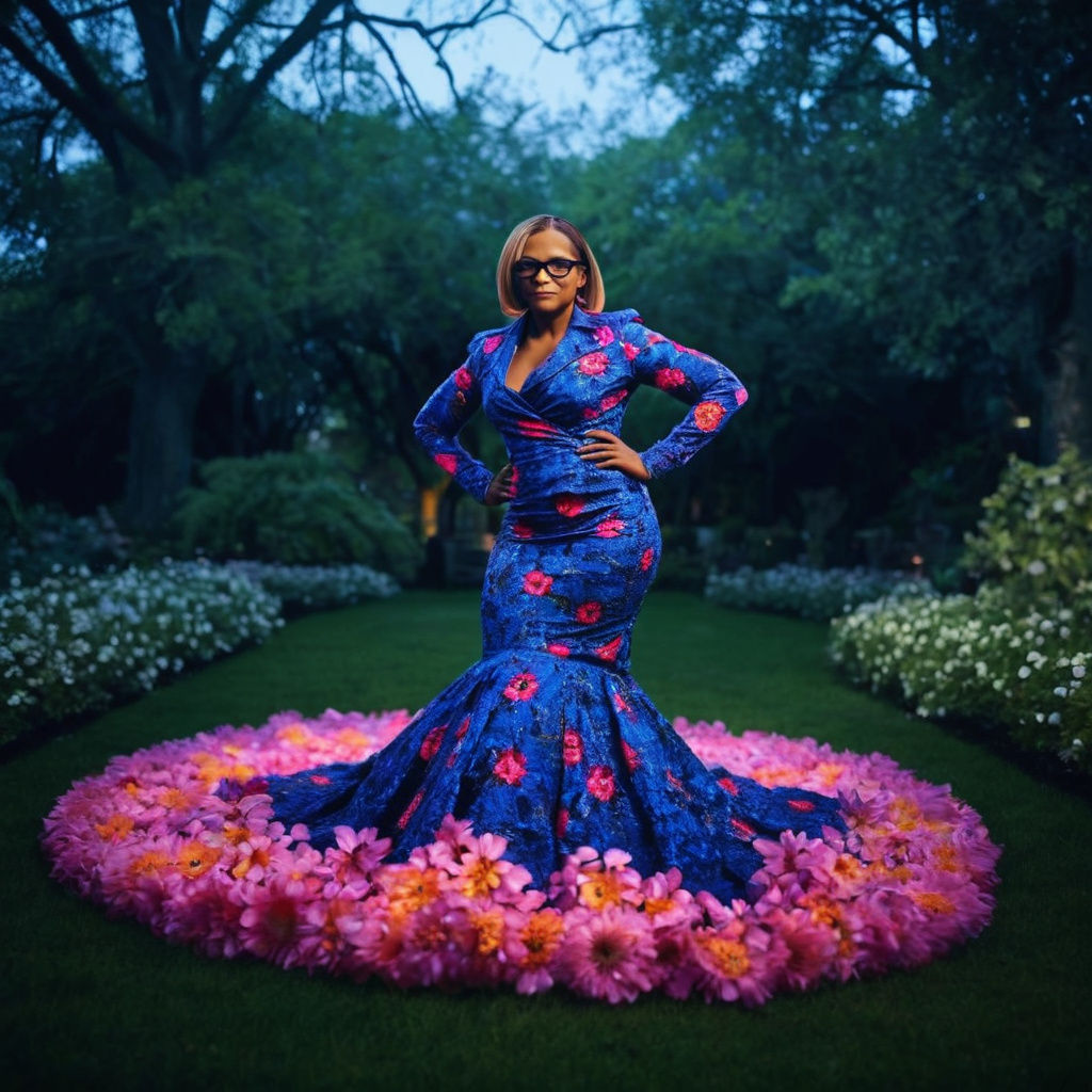 Fashionista in Floral Gown Amidst Garden Splendor