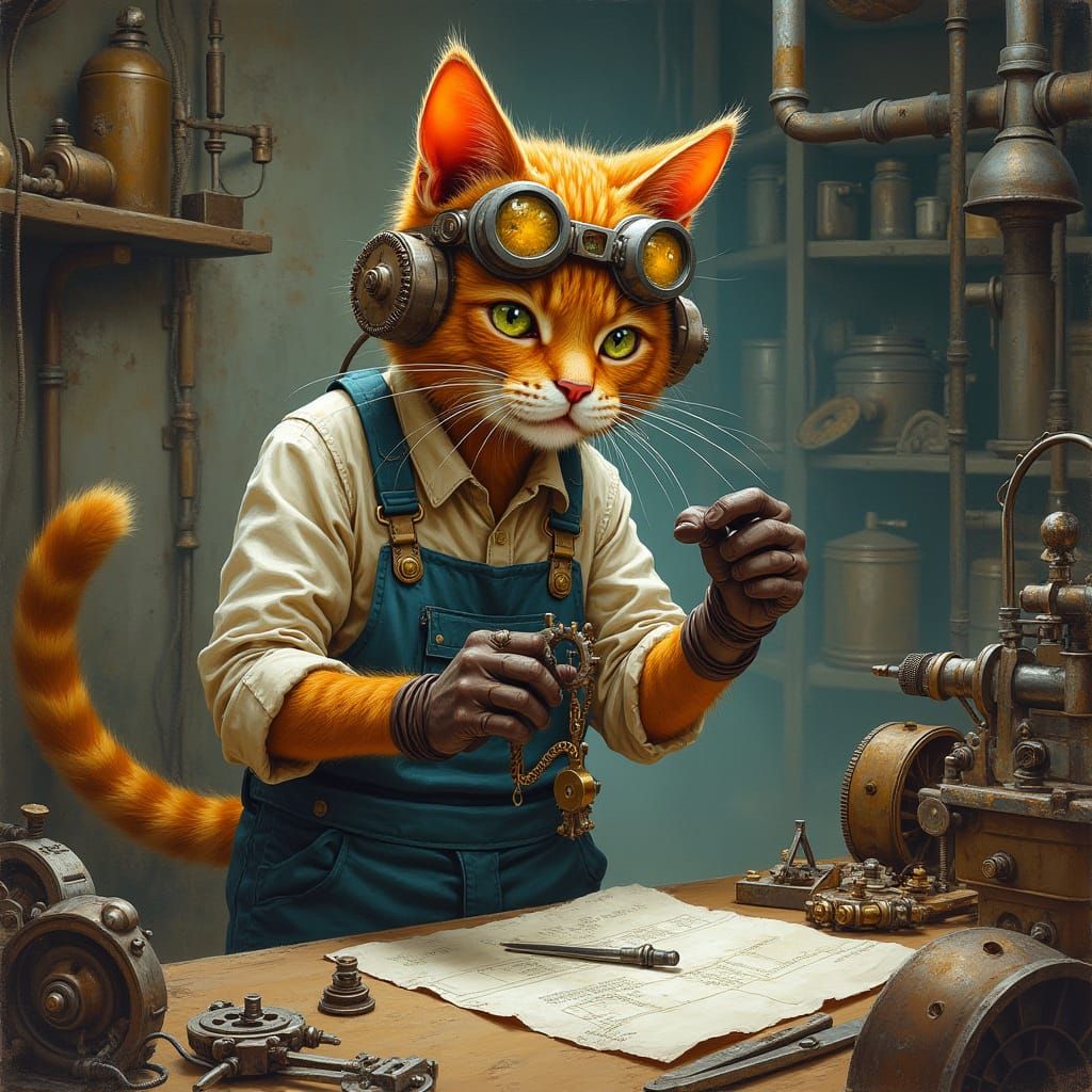 Steampunk Cat Inventor in Gears and Goggles