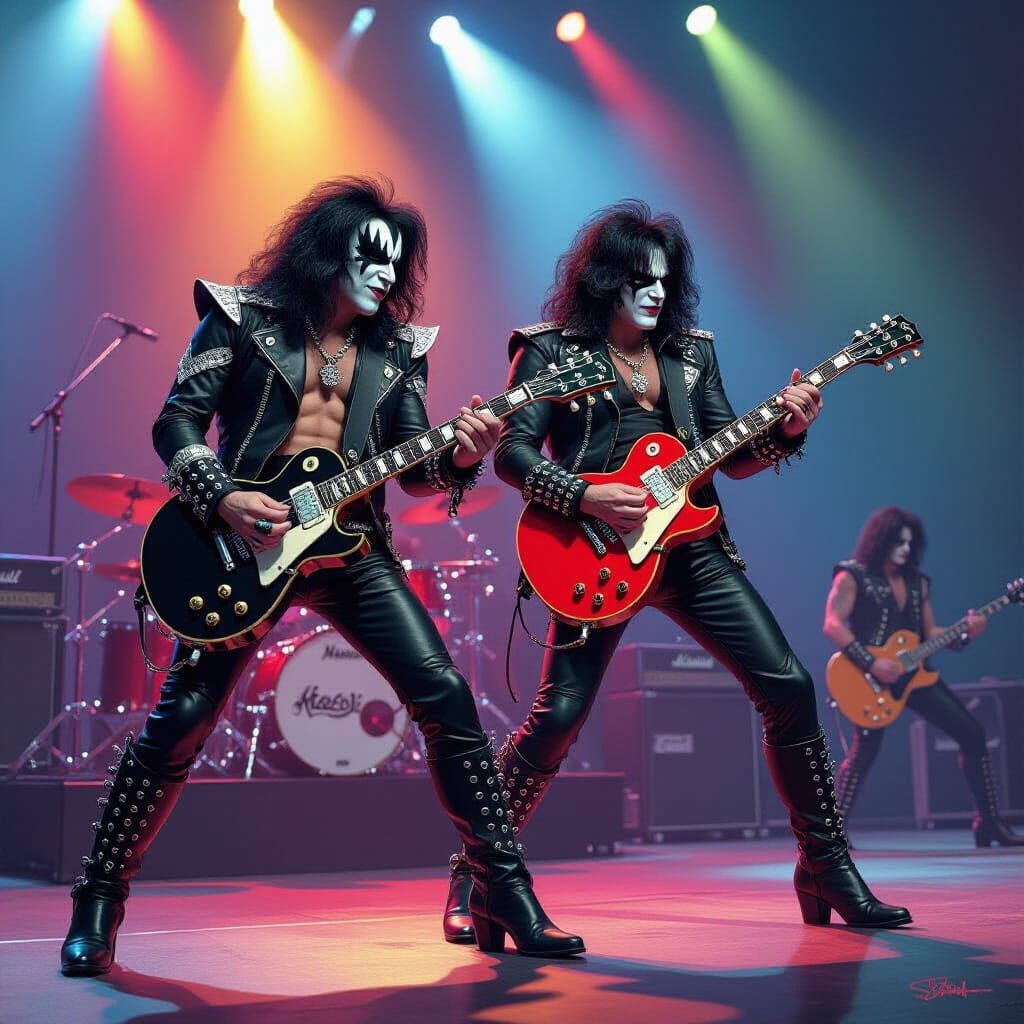 Kiss Rock Band on Stage in Comic Book Art Style
