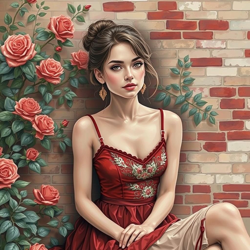 Stunning Woman, brown Hair, messy Bun, Wearing red Peplum Top and Skirt, Sitting Against a Red and Beige Colored Brick W...