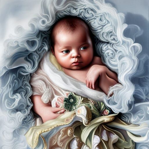 Baby in Iridescent Silk Gown in Hyperrealism