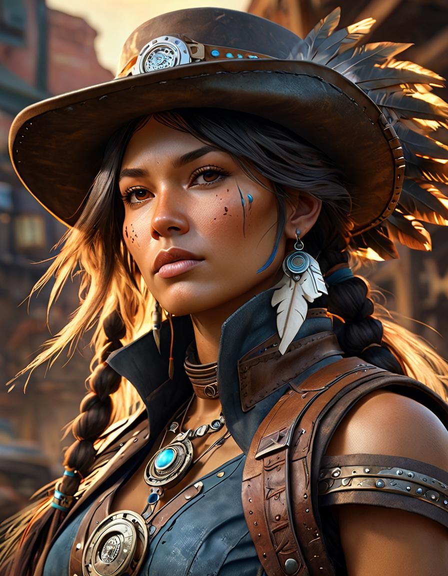 Native American Gunslinger with Steampunk Engine Detail