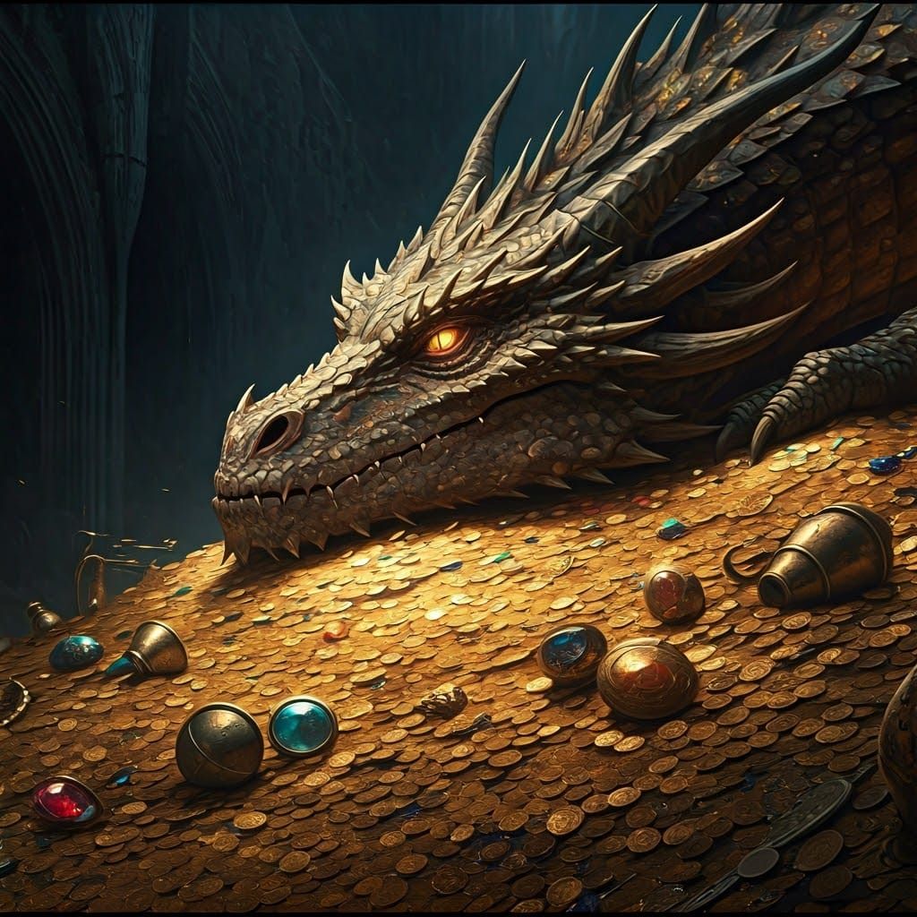 Majestic Dragon Smaug amidst Glinting Gold and Jewels