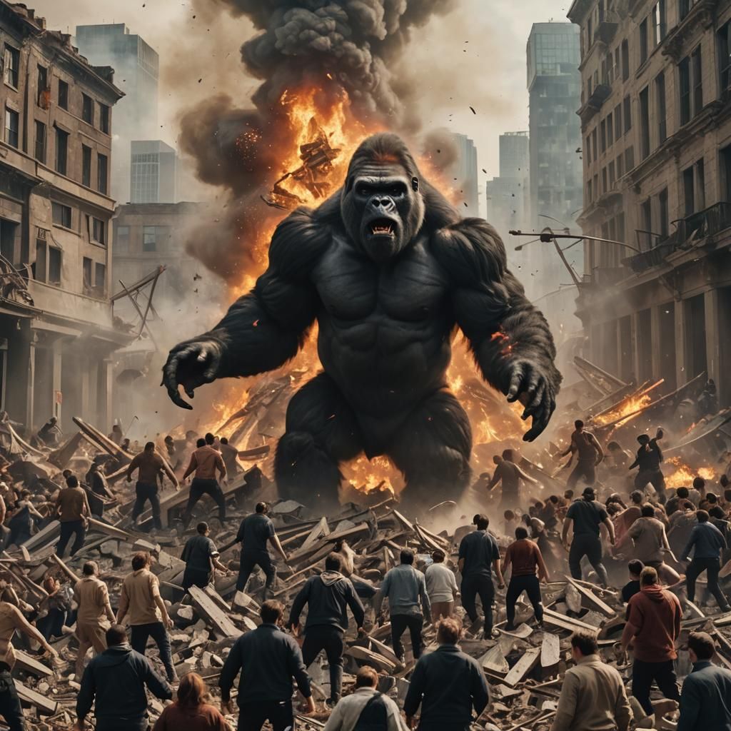Giant Gorilla Monster Destroys Burning City