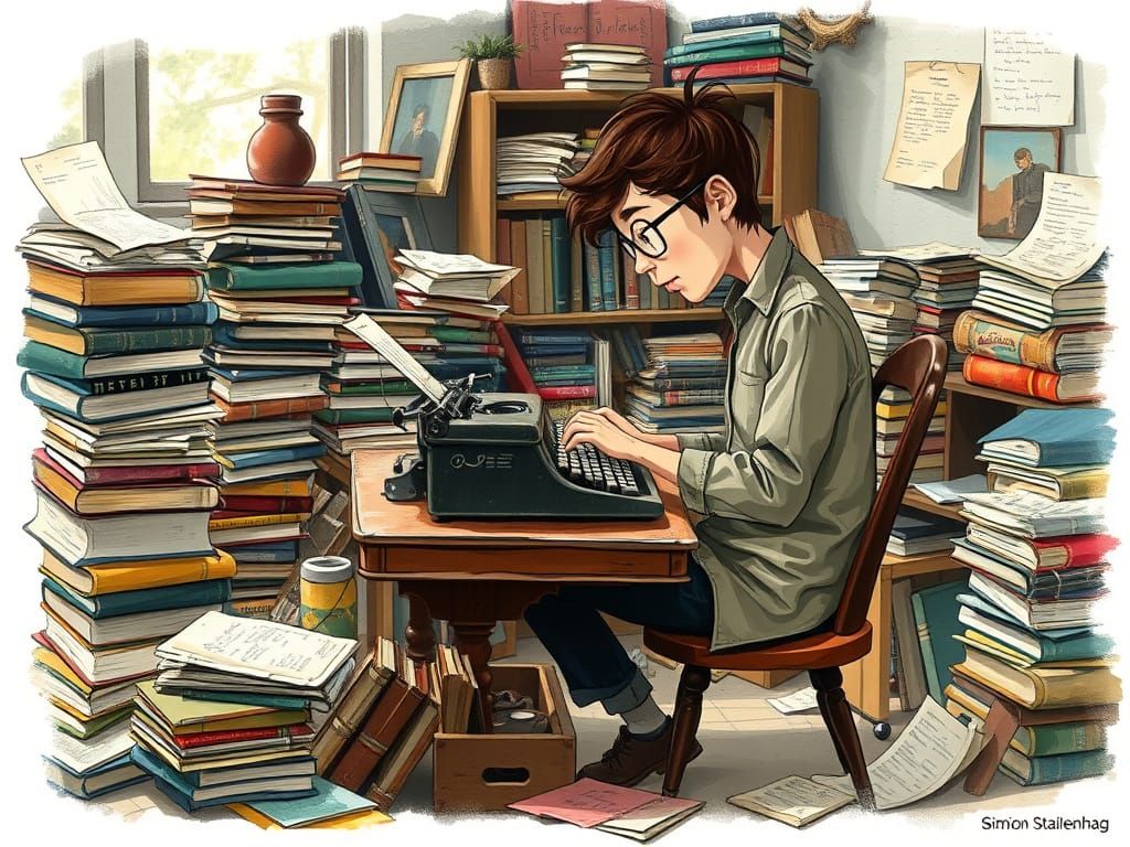 Whimsical Writer at Cluttered Desk, Digital Illustration