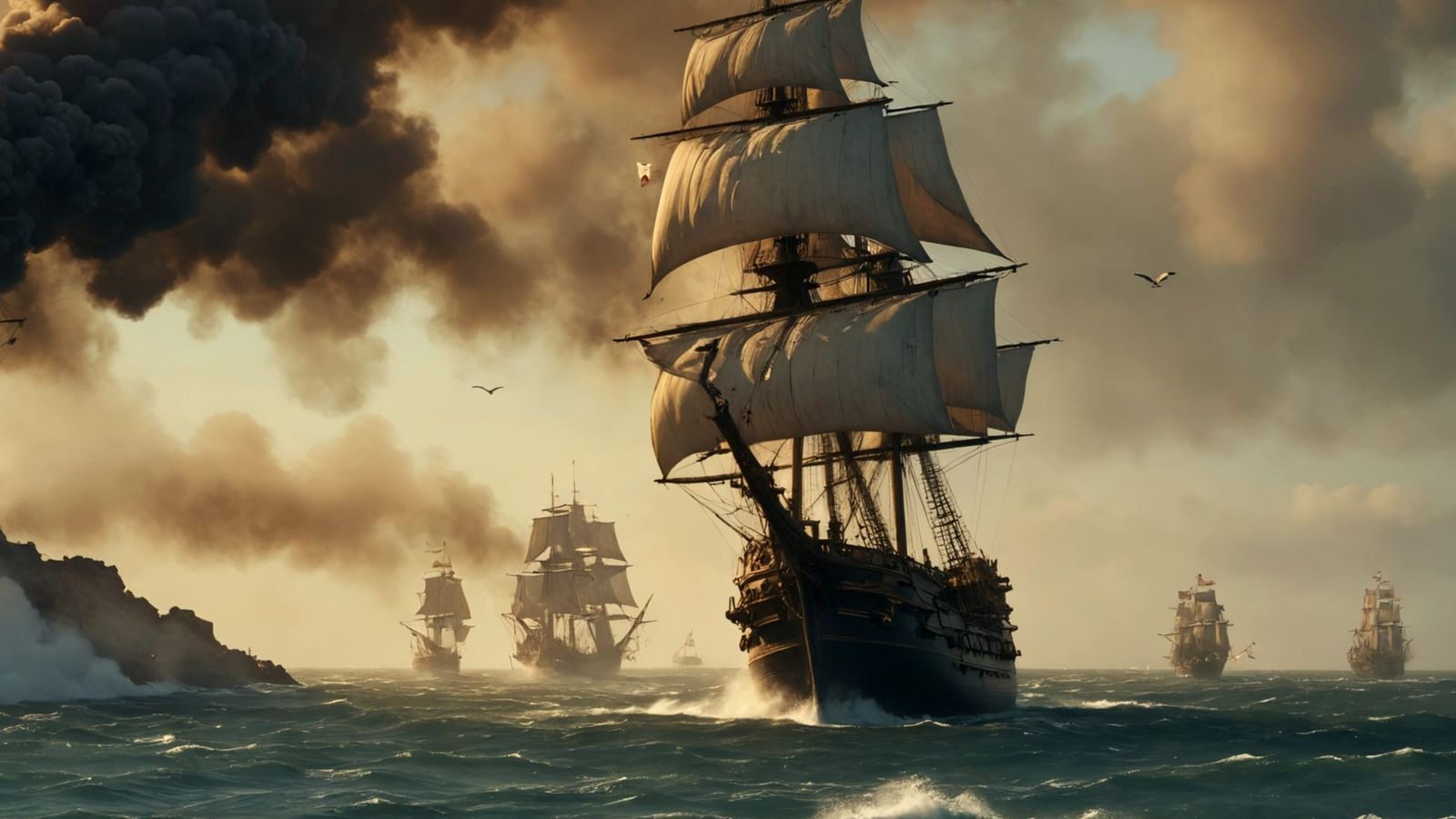 17th Century Galleon Fires Cannon Near Fort