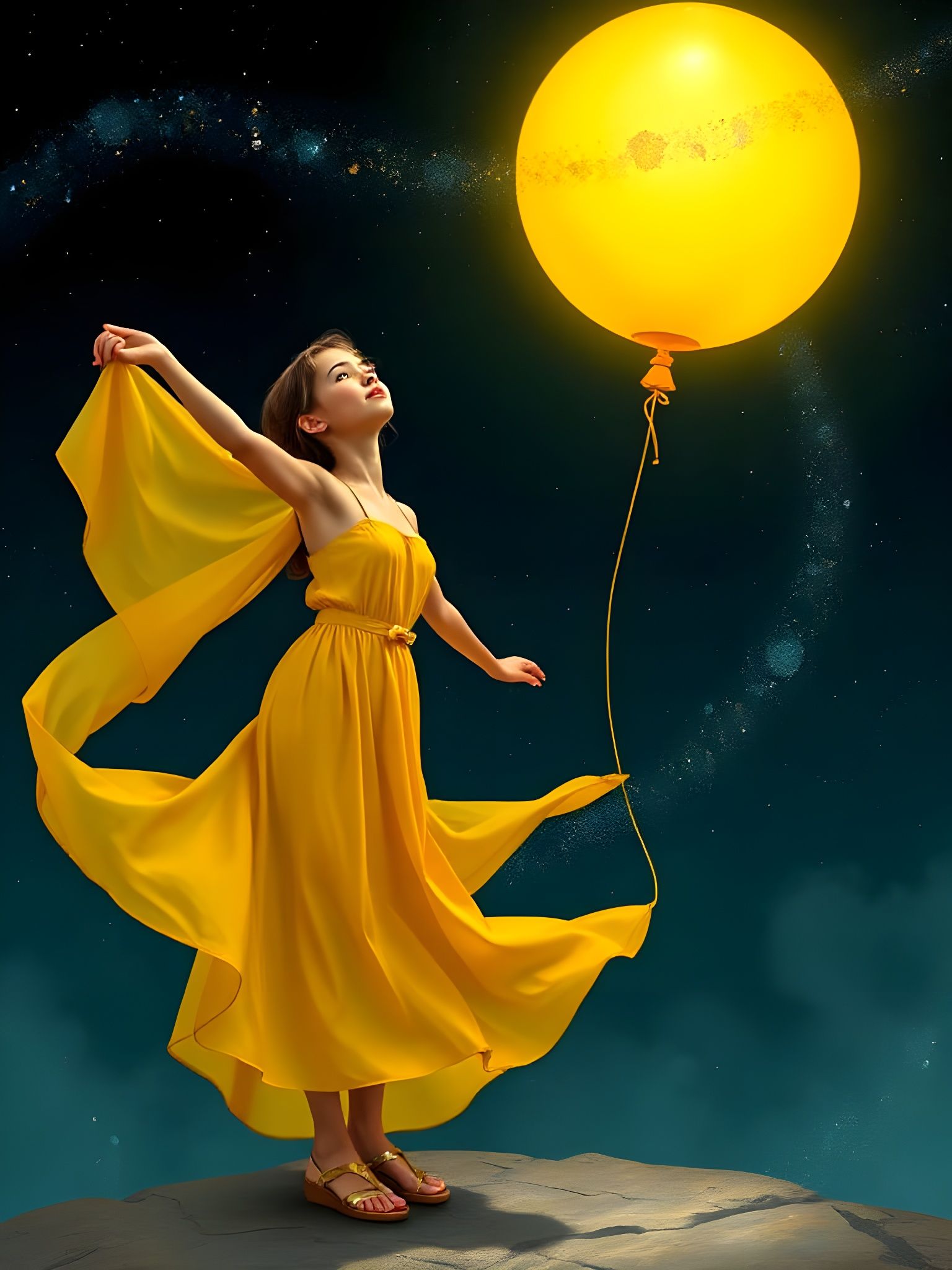 Melancholic Woman Reaching for Balloon, in Mucha Style