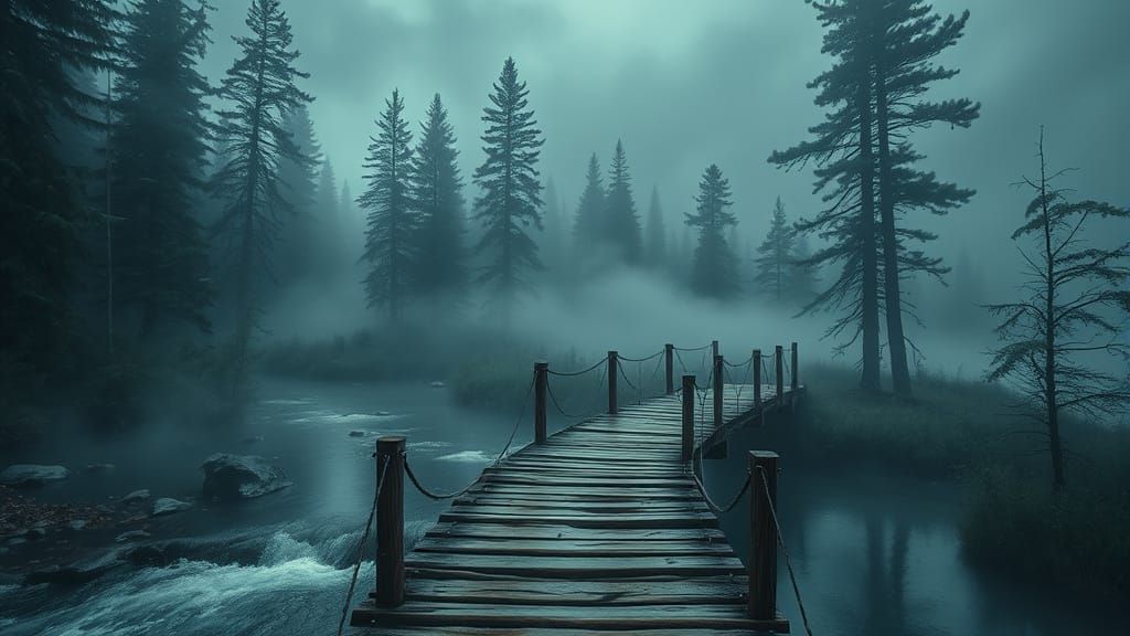 Misty Woods Bridge Over Silver Stream at Twilight