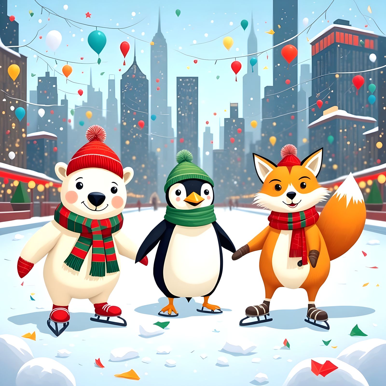 Arctic Friends Enjoying Winter Wonderland on Ice Skates