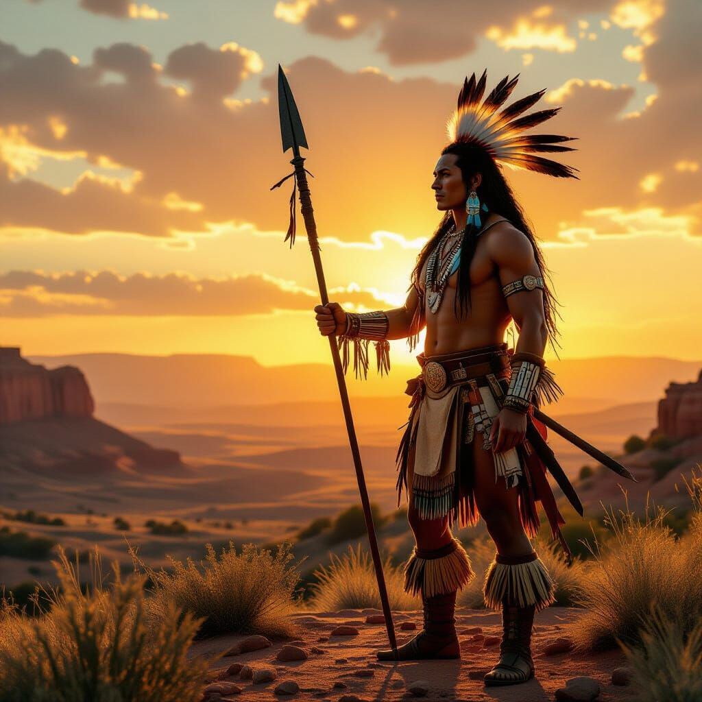 Native American Warrior on Mesa at Golden Hour