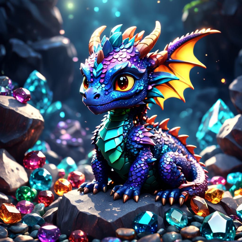 Vibrant Chibi Dragon Amidst Sparkling Gemstones