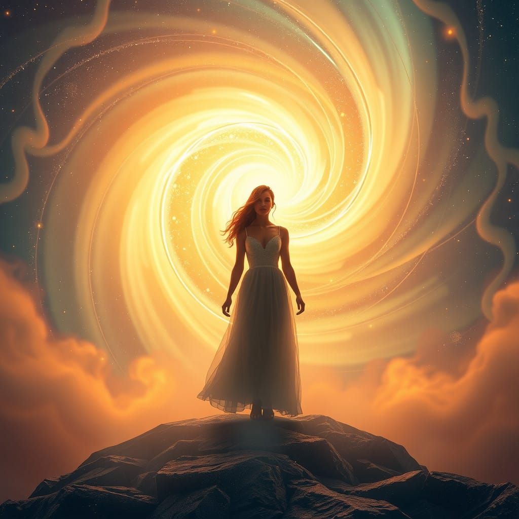 Woman Embodies Harmonious Core in Glowing Vortex