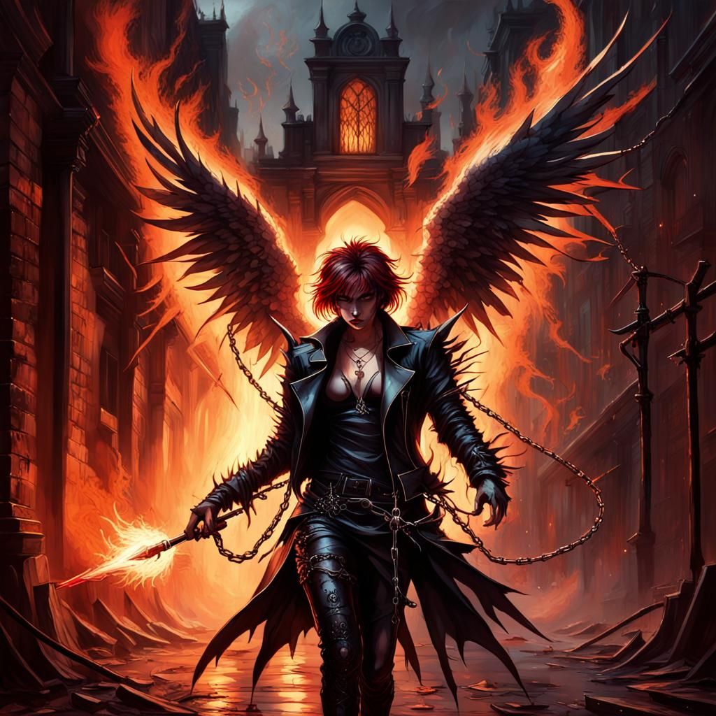 Angel with Flaming Whip in Dark Gothic Alley