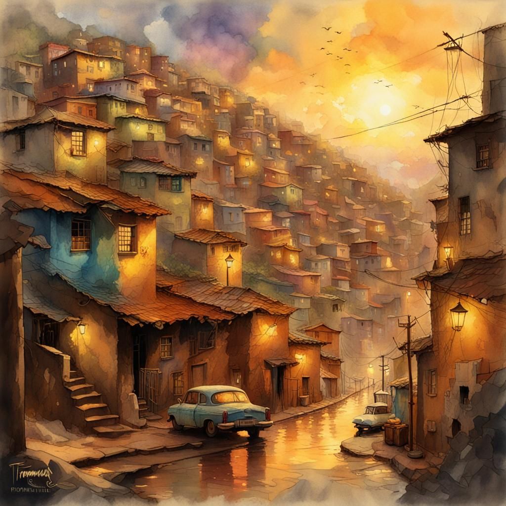 Favelas in Golden Light as Vintage Watercolor