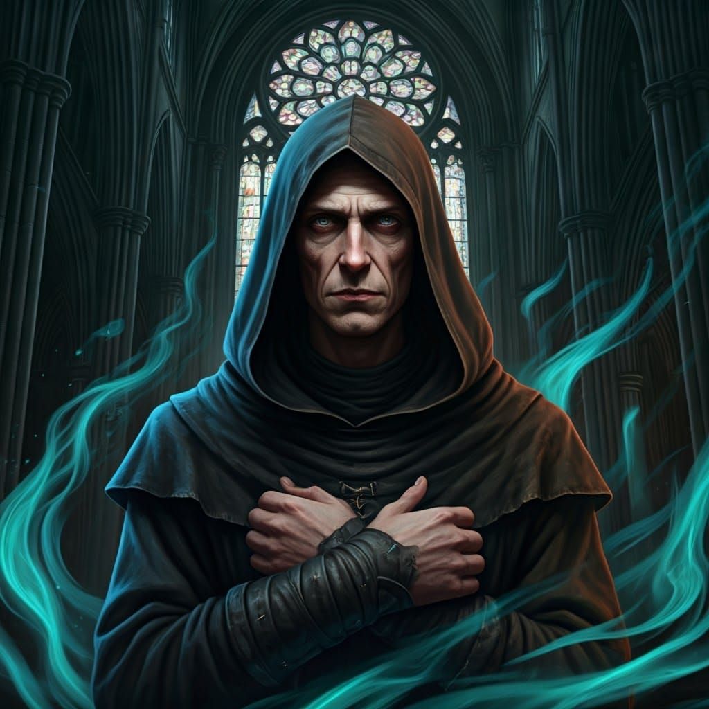 Mystical Monk in Cathedral, Inspired by Dark Surrealism