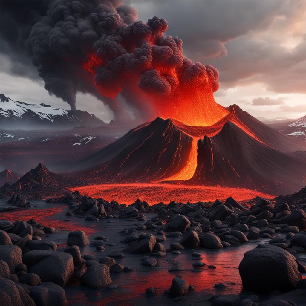 Iceland Volcano Lava Flow: Detailed Matte Painting