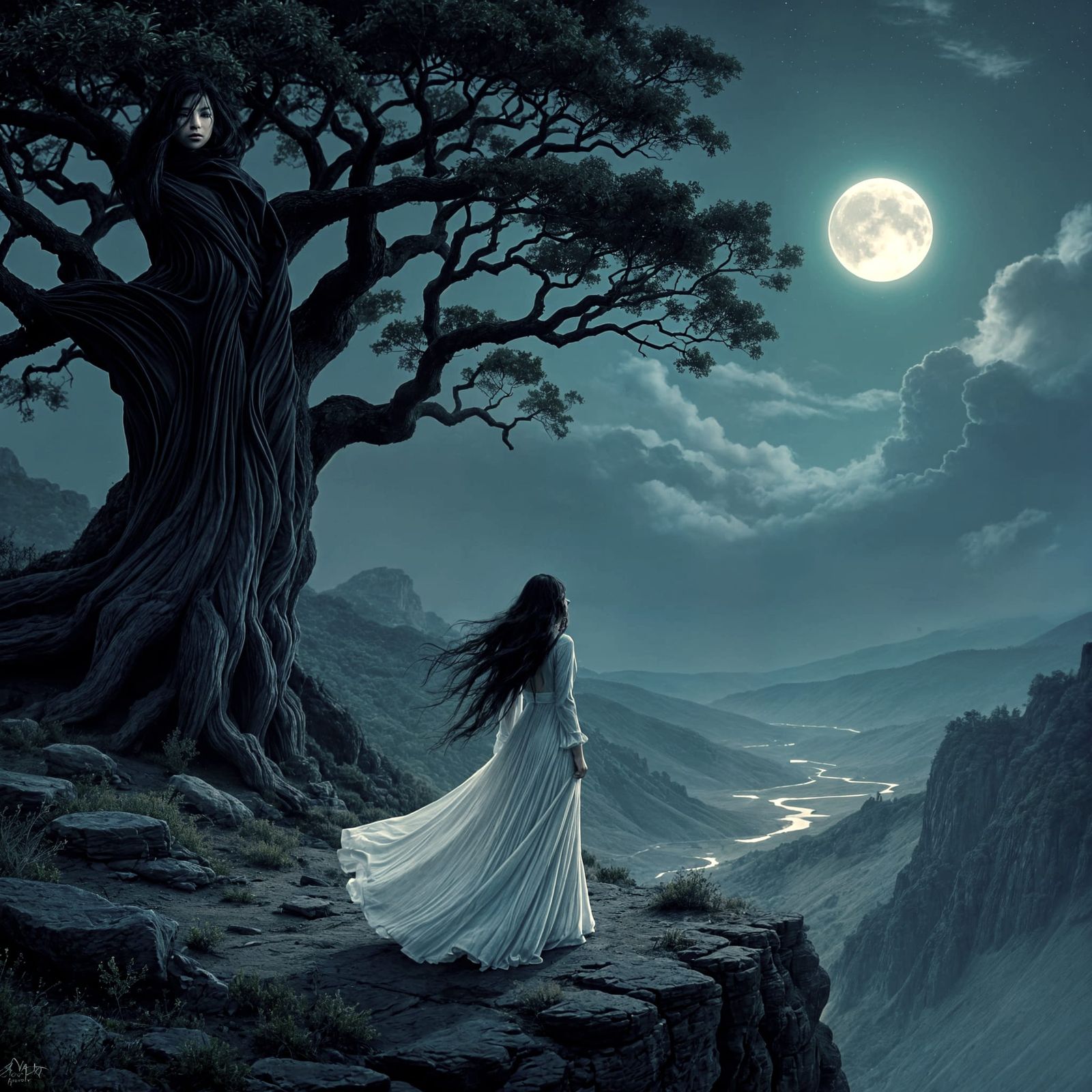 Woman on Cliff Overlooking Distant Valley