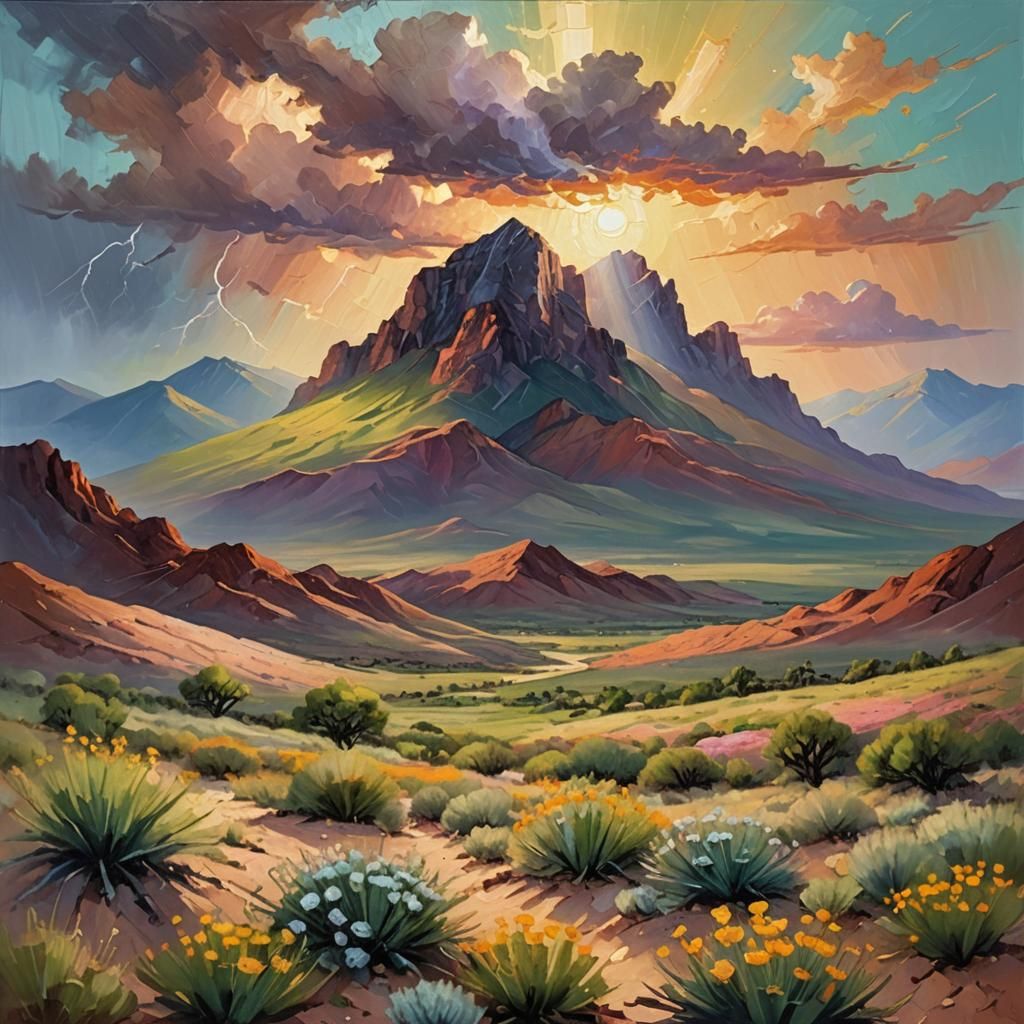 Lush Mountain Rises From Desert: Impasto Oil Painting