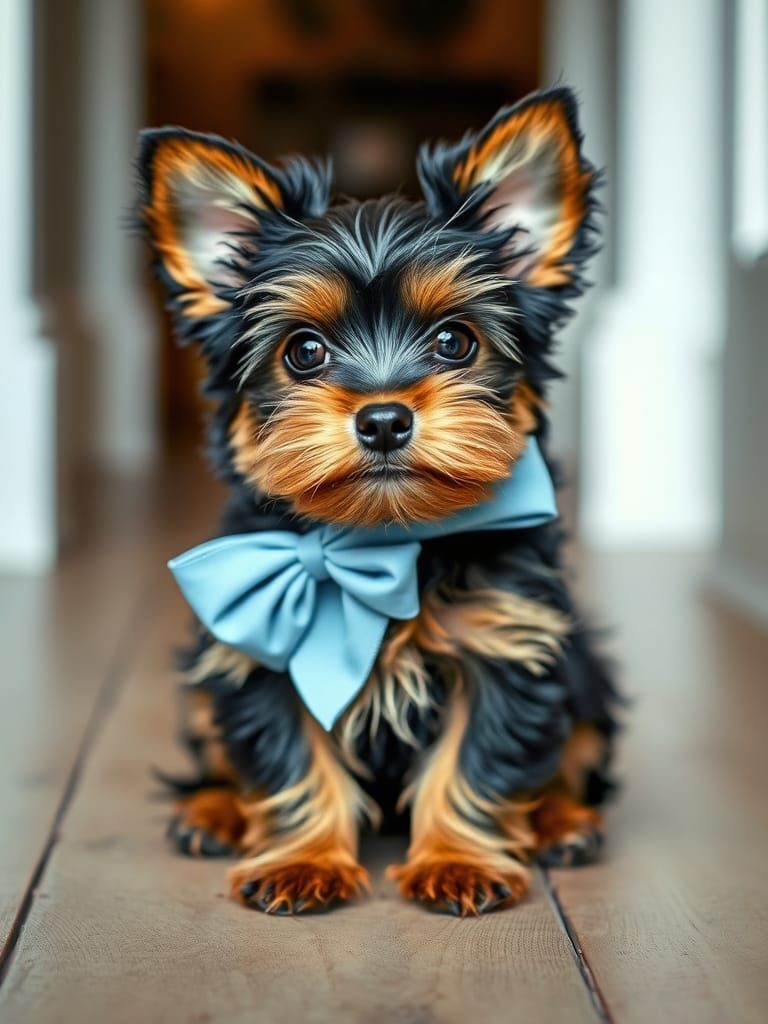 Yorkshire Terrier Puppy with Blue Bow in Soft Light