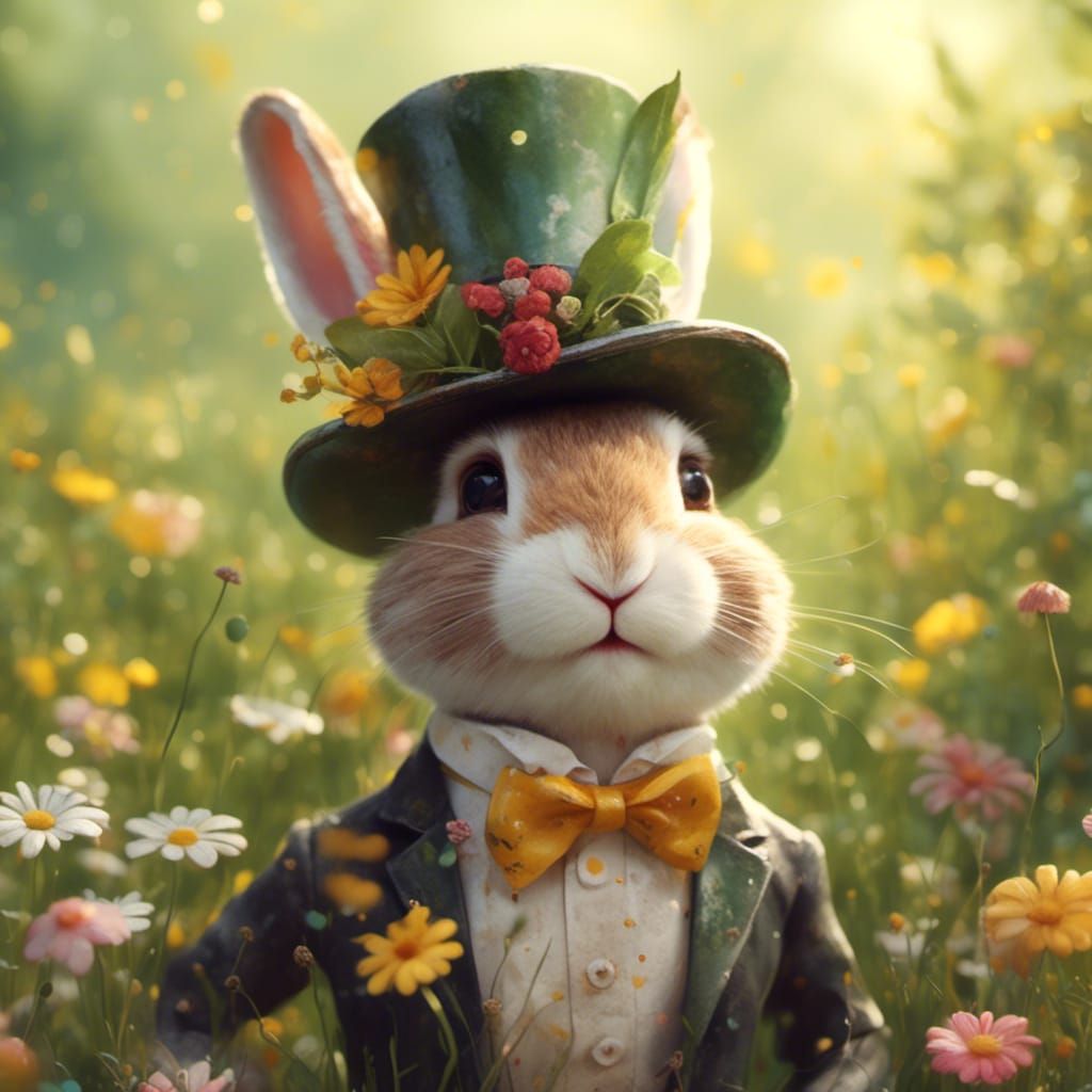 Watercolor Bunny in Top Hat with Daisy