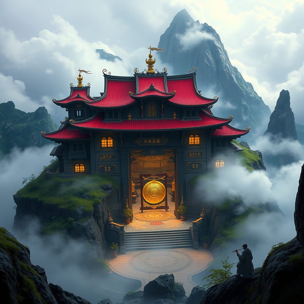 Ancient Monastery Amidst Clouds, Inspired by Eastern Archite...