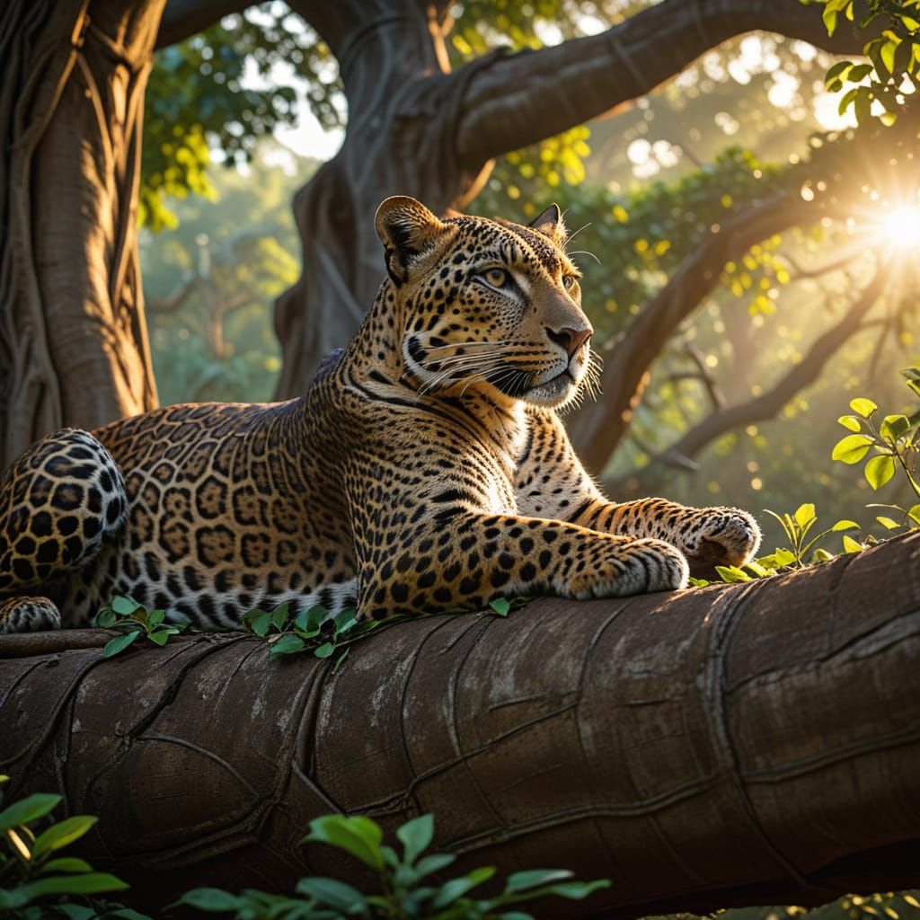 Indian Leopard Lounging Atop Banyan Tree: Wildlife Photograp...