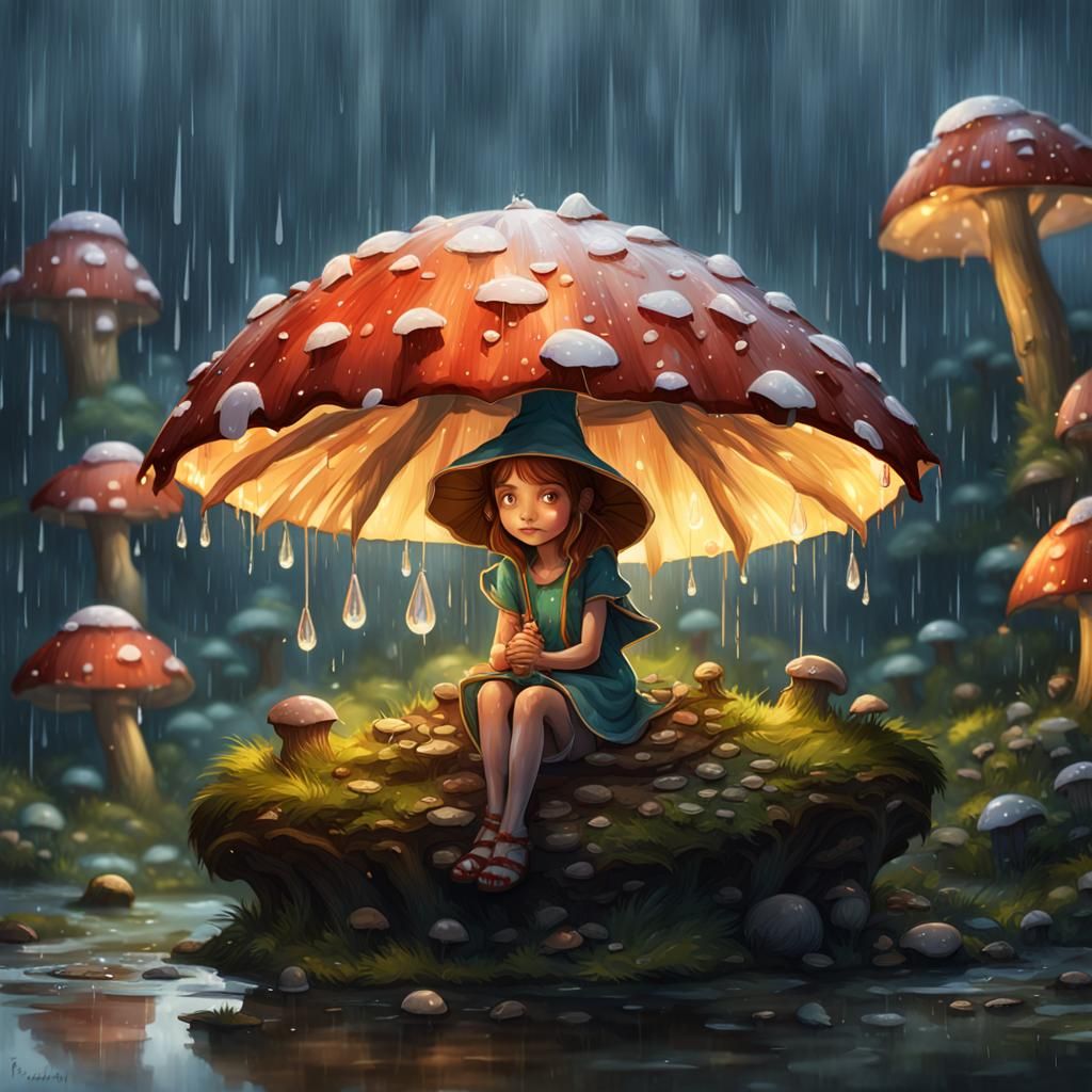Fairy Under Mushroom Umbrella: Watercolor Storybook Illustra...