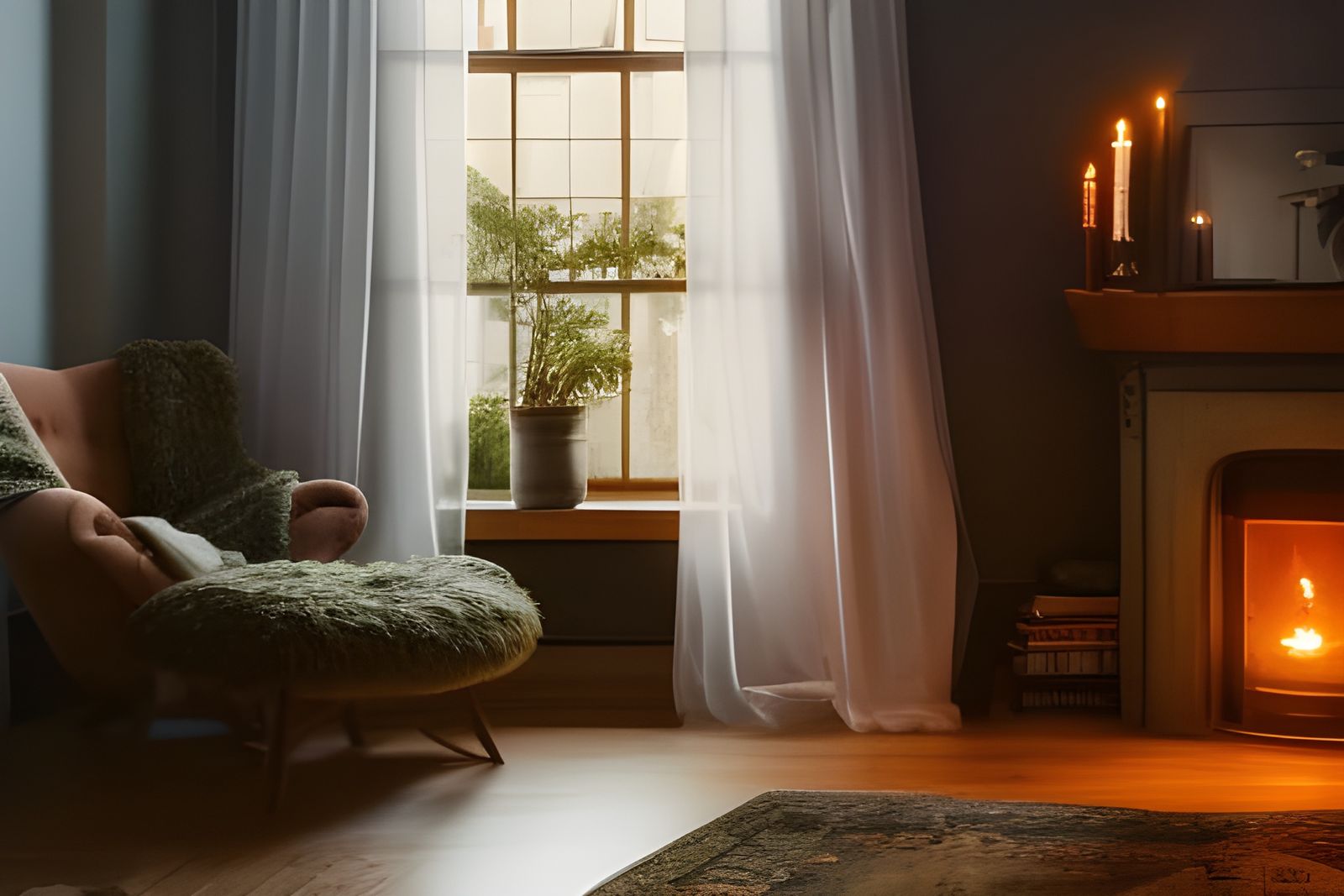 Cozy Rainy Evening Cottage with Fireplace, Oil Painting