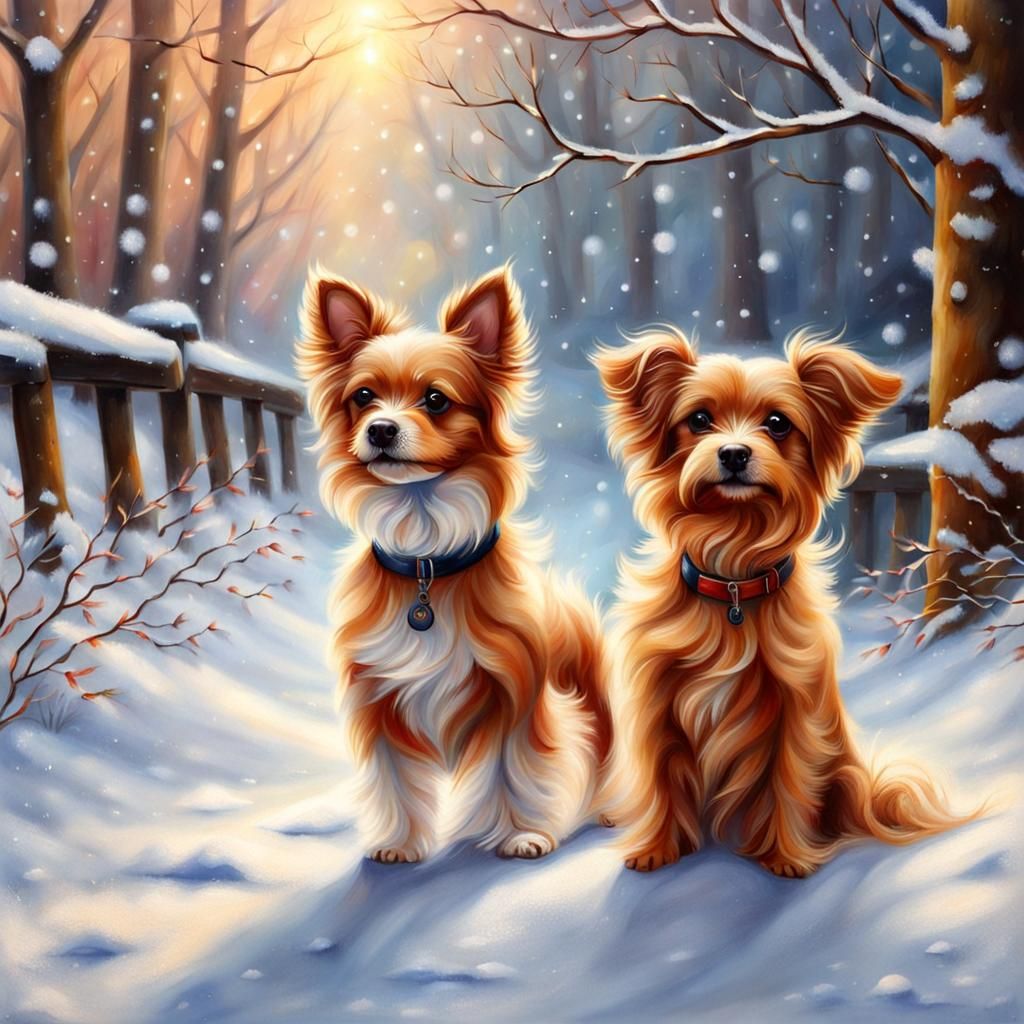 Dogs Playing in Snow, Realistic Style