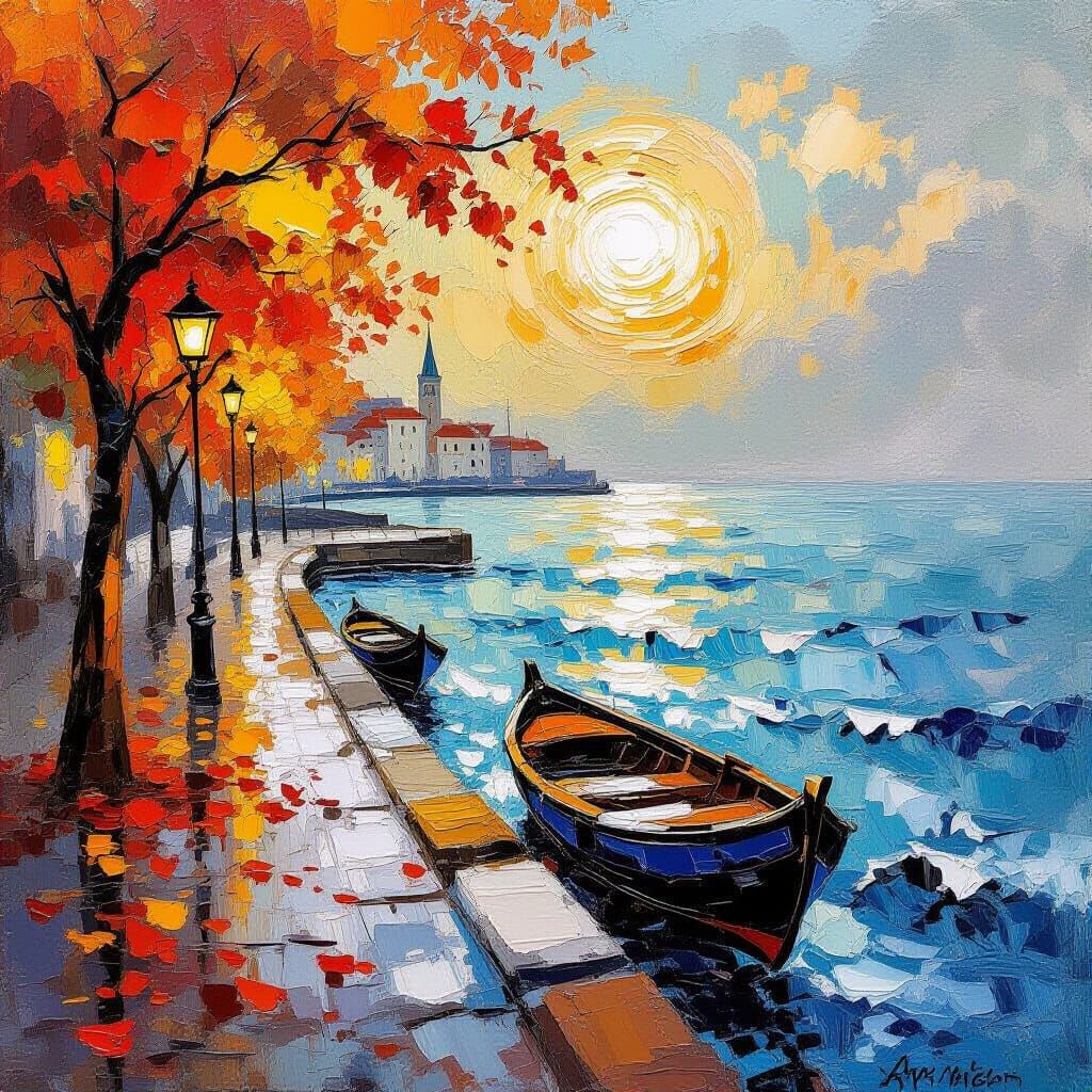 Autumn Leaves on Blue Waves, Impasto Painting