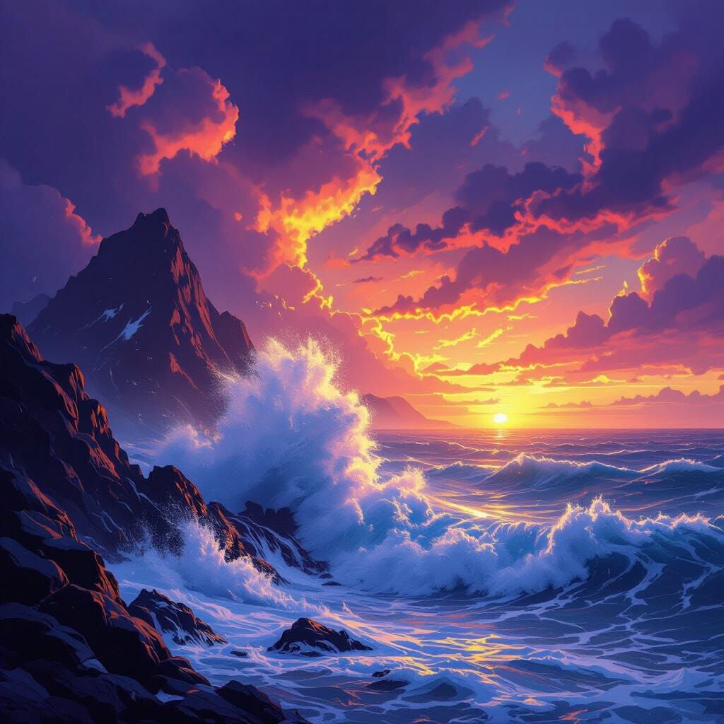 Moody Sunset Over Angry Ocean Waves and Mountain