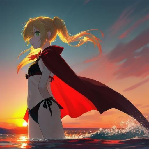 Girl with Red Cape Swims at Sunrise