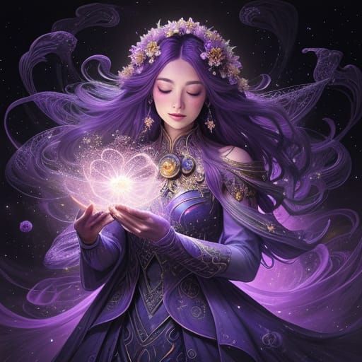 Cosmic Woman with Ethereal Flowers in Swirling Nebulae