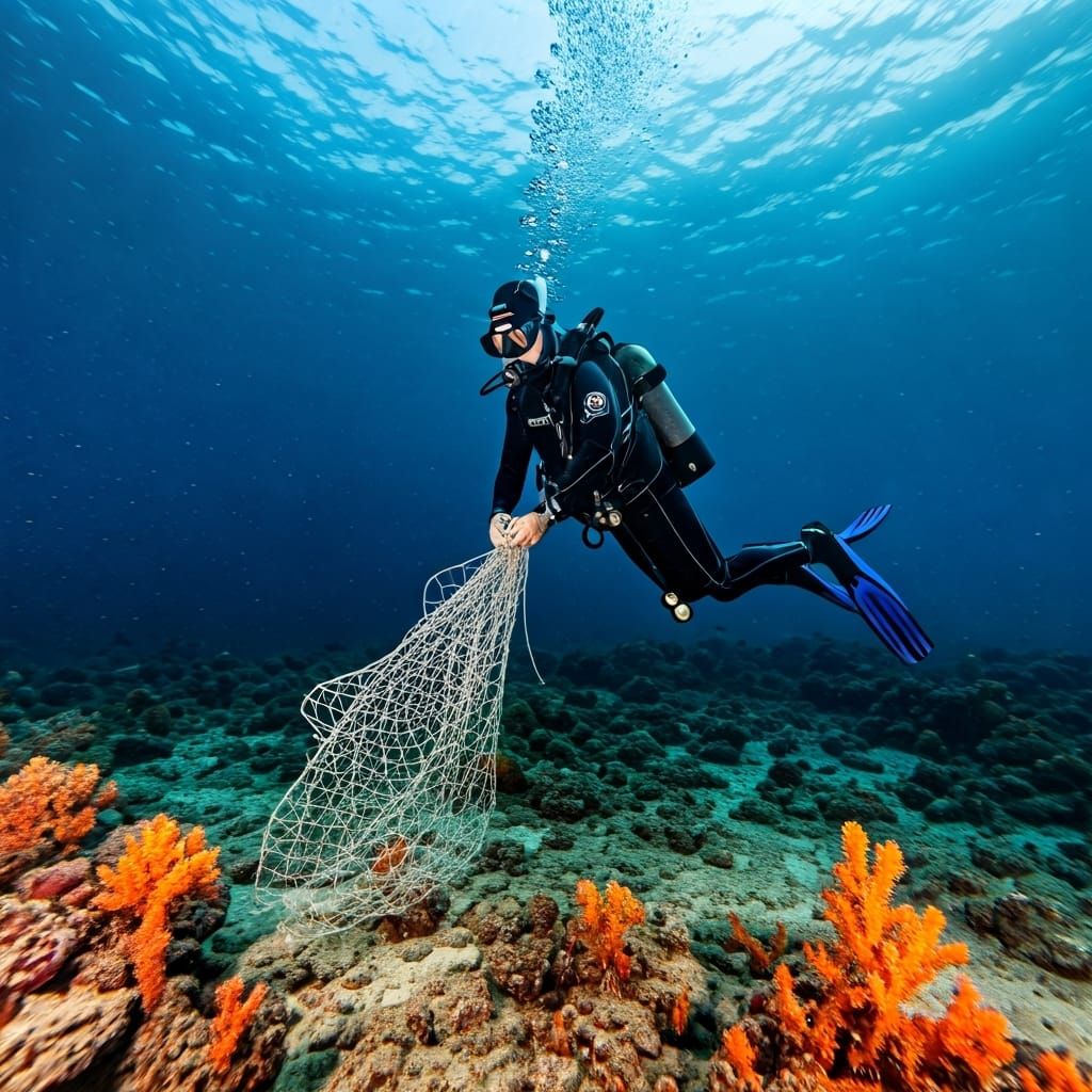 Mediterranean Diver Removing Ghost Net in Hyperrealistic Sty...