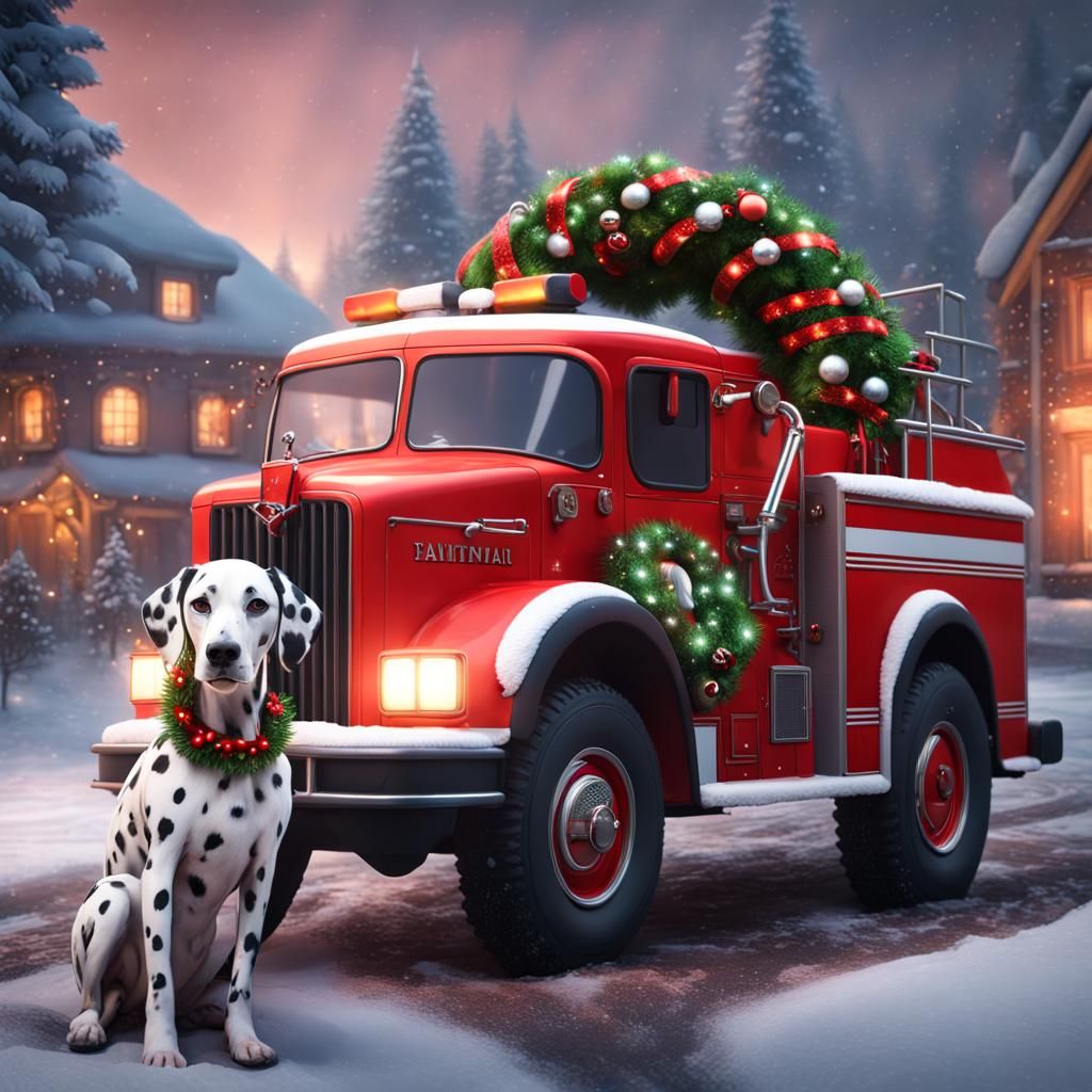 Festive Firetruck with Dalmatian in Santa Hat