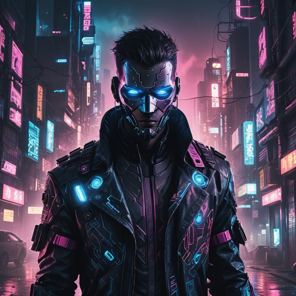 Cyberpunk Masked Man in Dystopian Cityscape