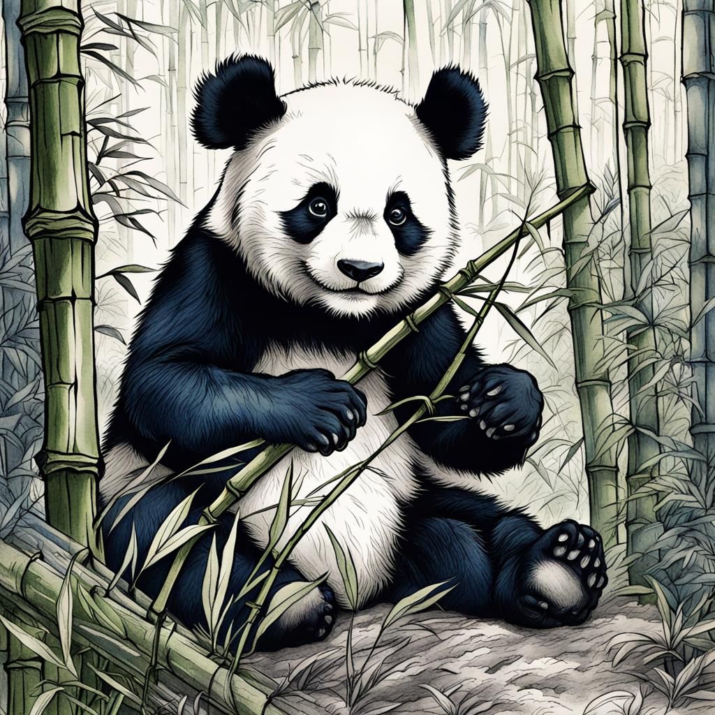 Baby Panda in Bamboo Forest: Vintage Ink Watercolour
