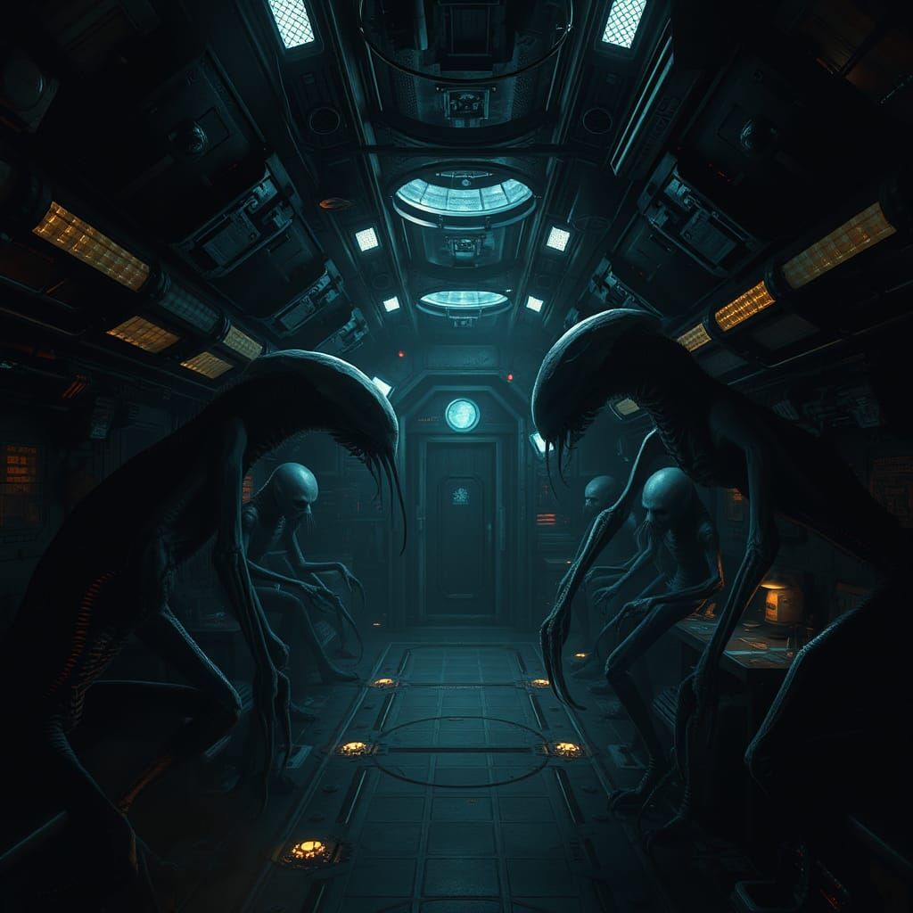 Eerie Aliens in Dimly Lit Spaceship Interior