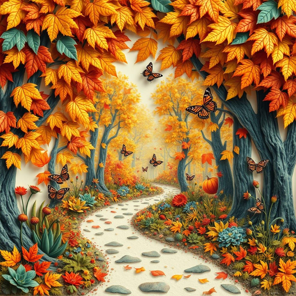 Enchanting Autumn Forest Path in Mixed-Media Style