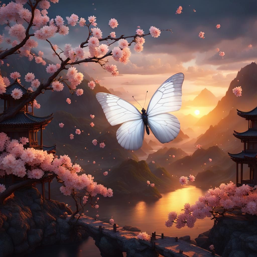 Mystical White Butterfly in Chinese Landscape